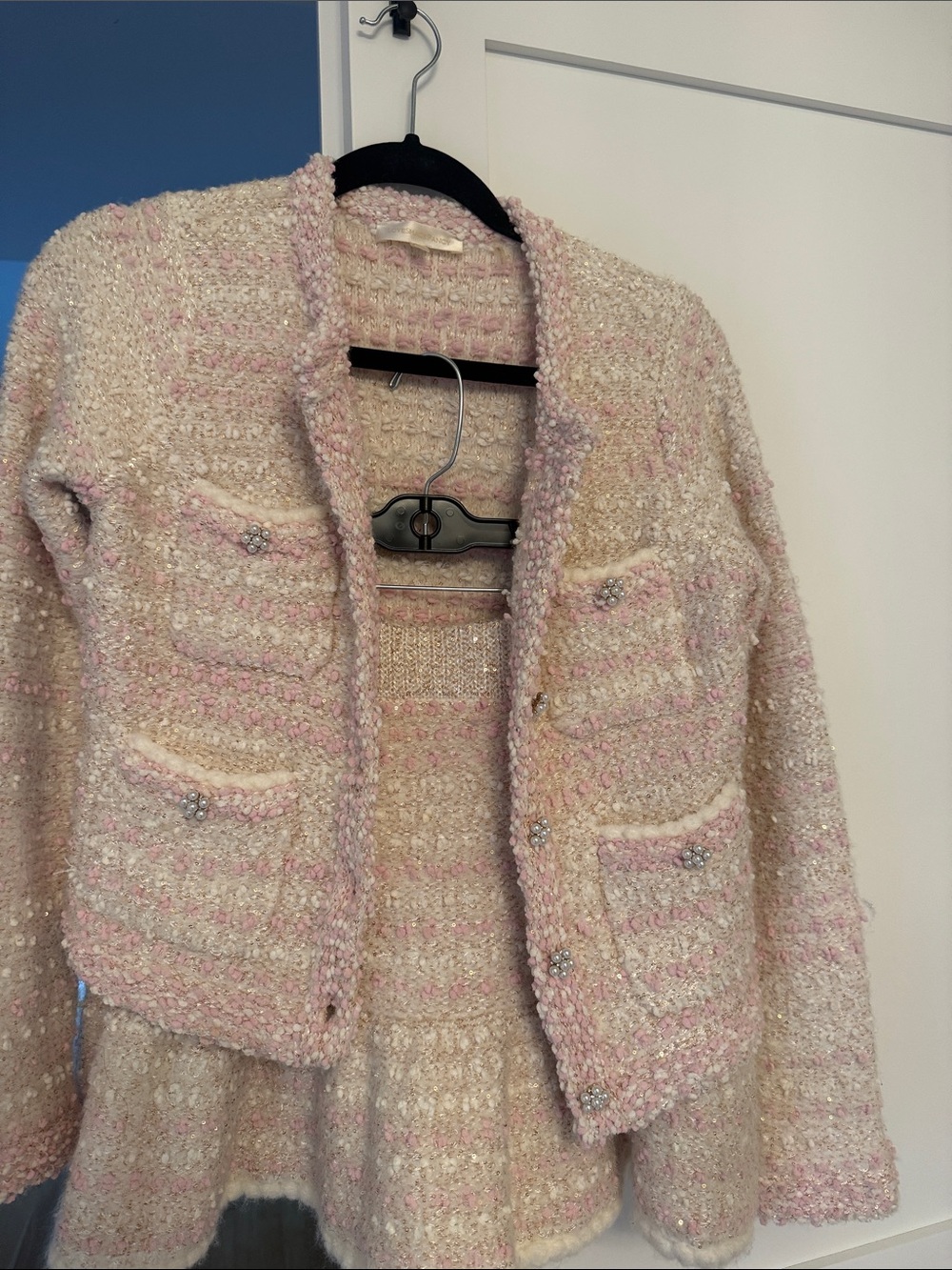 LoveShackFancy Pink and Cream Bouclé Cropped Blazer and Skirt
